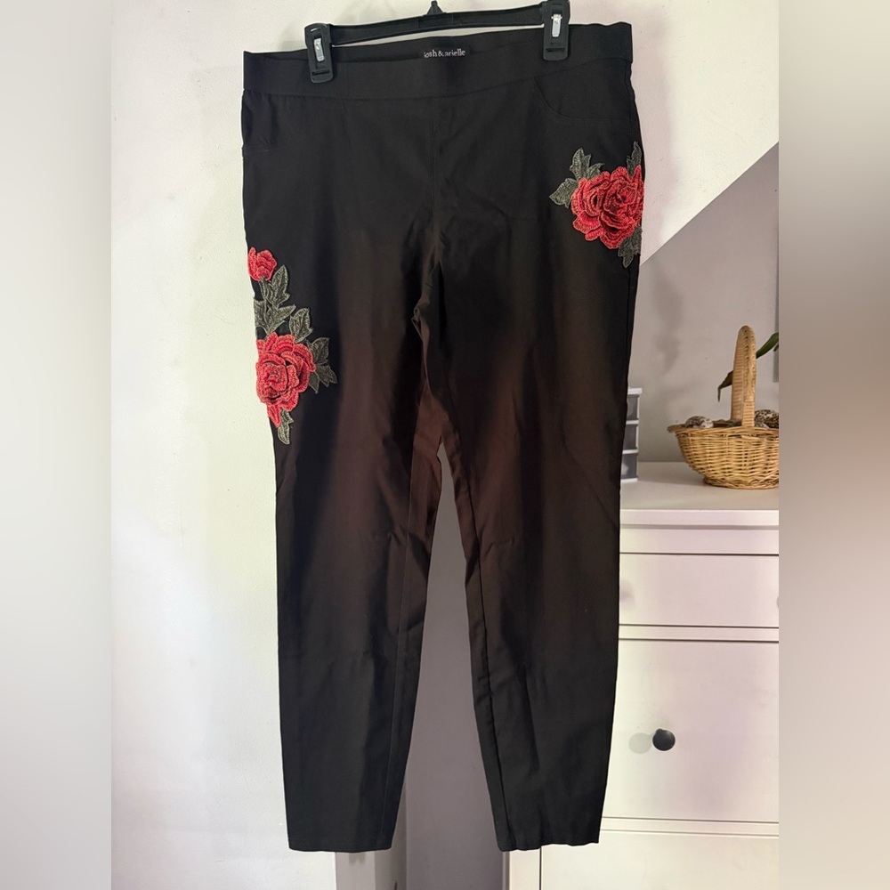 Black Skinny Pants with Red Rose Embroidery New